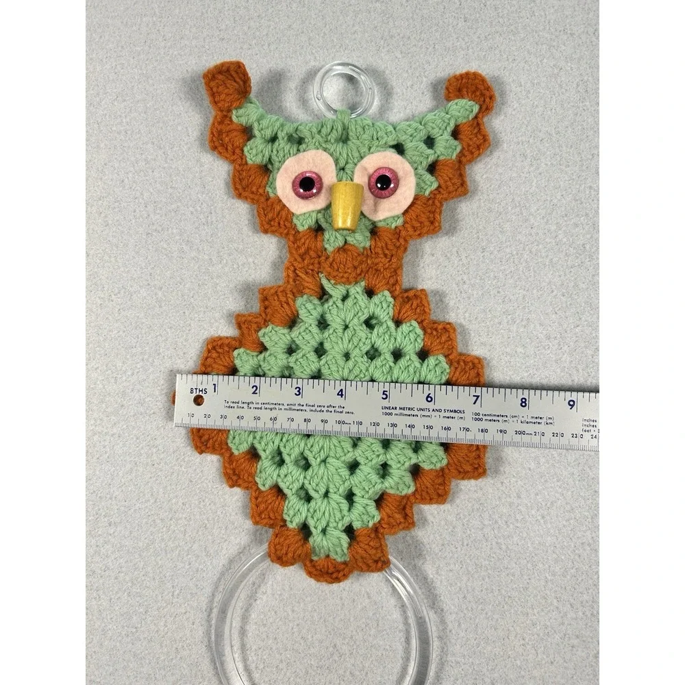 Vtg Crochet Owl Hand Towel Holder with Real looking Eyes Green Brown MCM